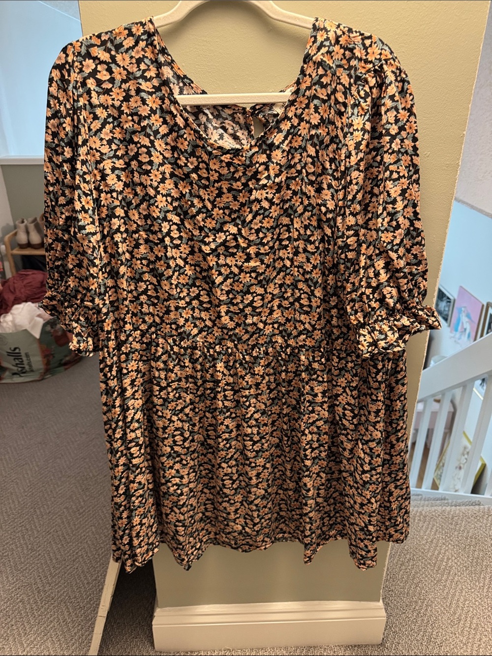 NATURAL LIFE Black Midi Dress with Peach Floral Print